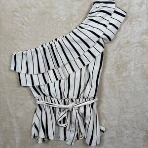 Maeve Anthropologie One Shoulder Ruffle Top Striped Belted Blouse‎ Medium